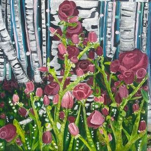 Hand-Painted Floral Canvas Art in Berry Pink and Leaf Green by